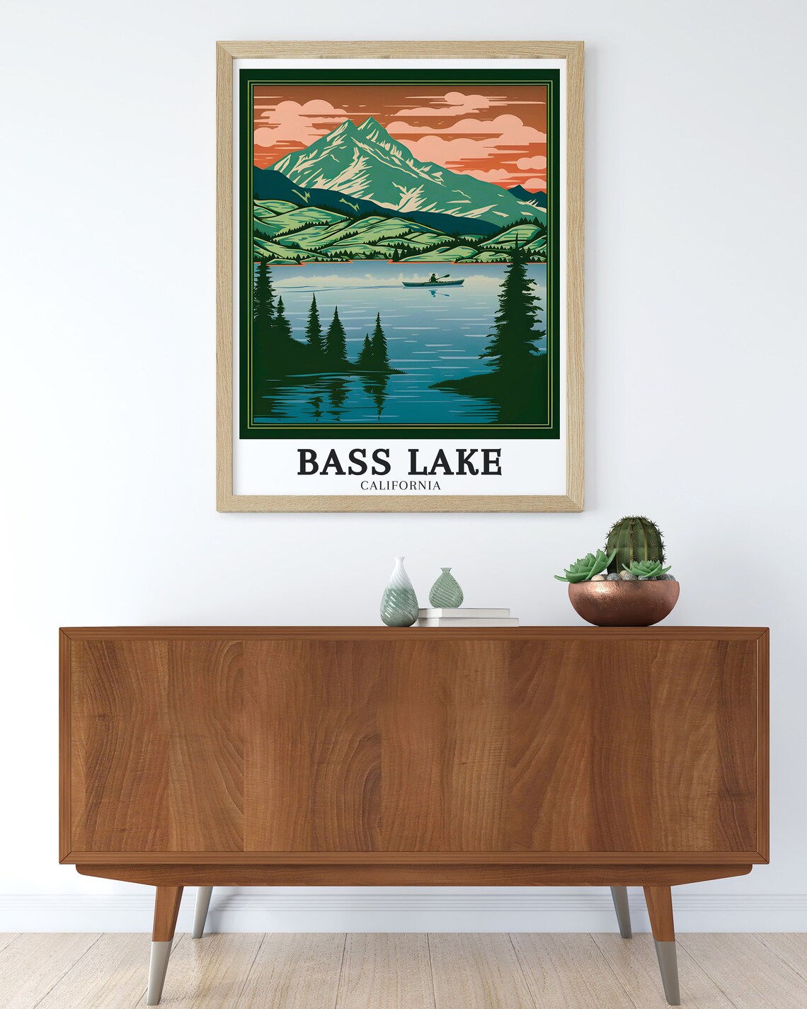 Bass Lake California Kayaker Mountain Sunset Pines Travel Poster - Image 3
