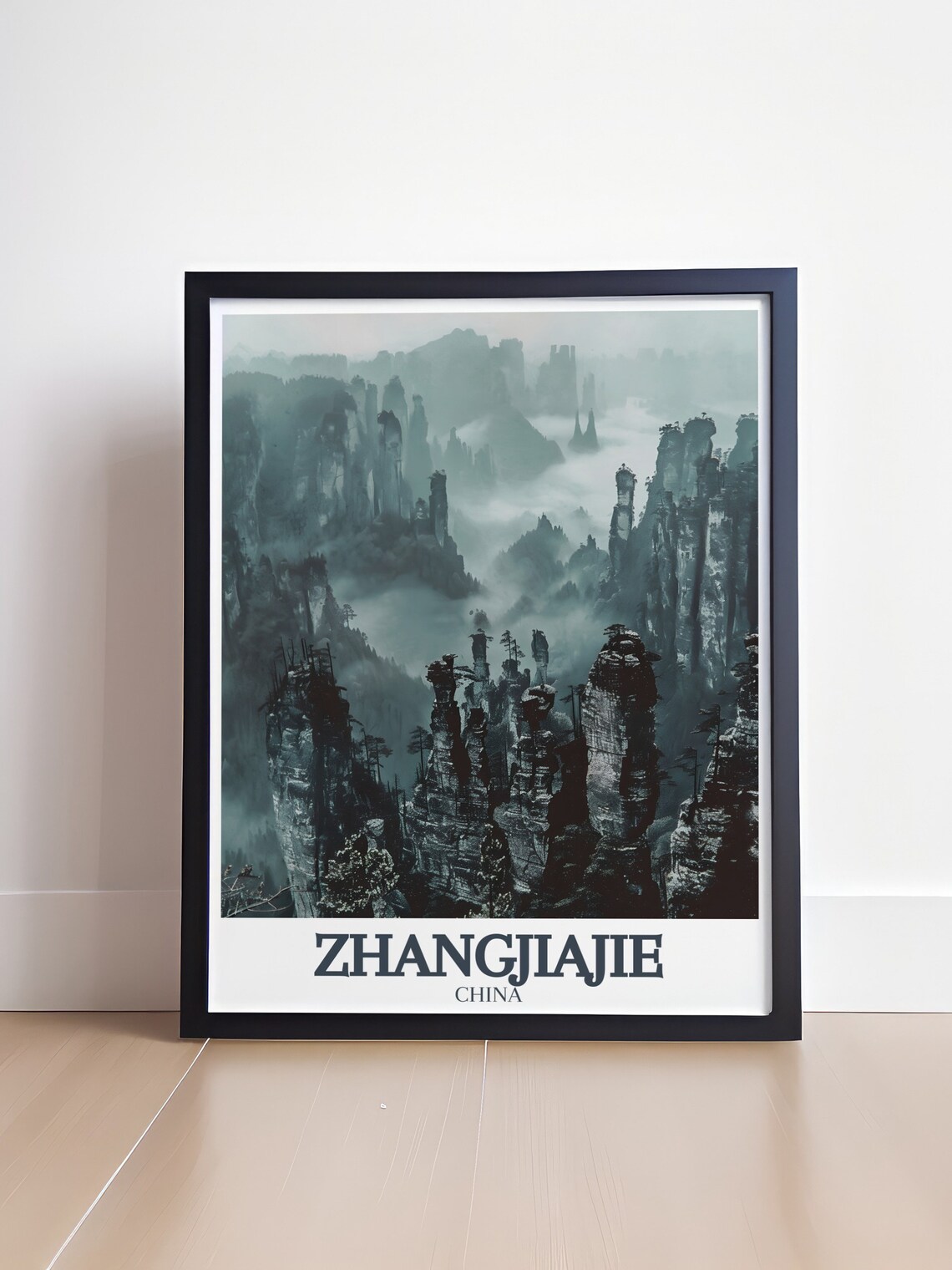 Zhangjiajie China Fog Shrouded Stone Pillars Monochrome Travel Poster - Image 4