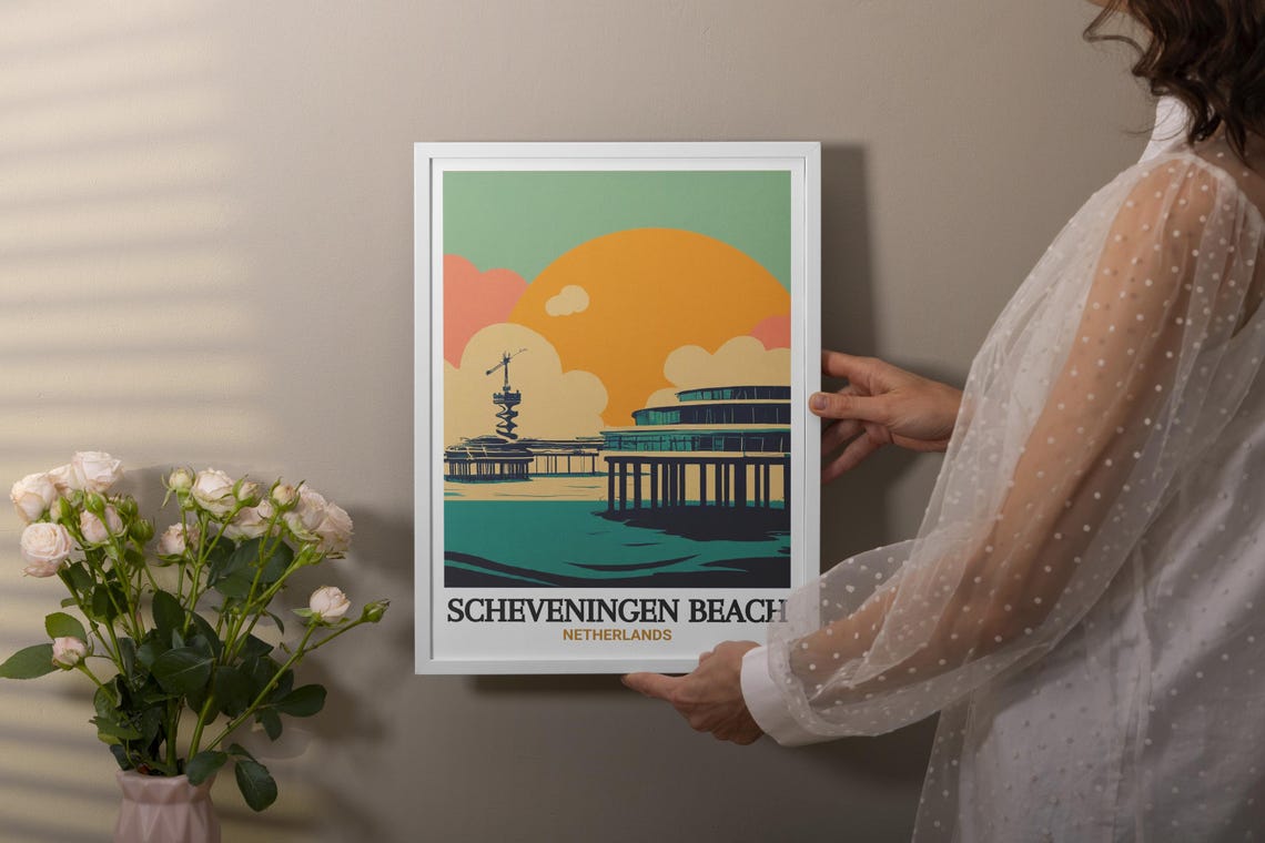 Scheveningen Beach Poster with Pier at Sunset in Retro Graphic Style - Image 2