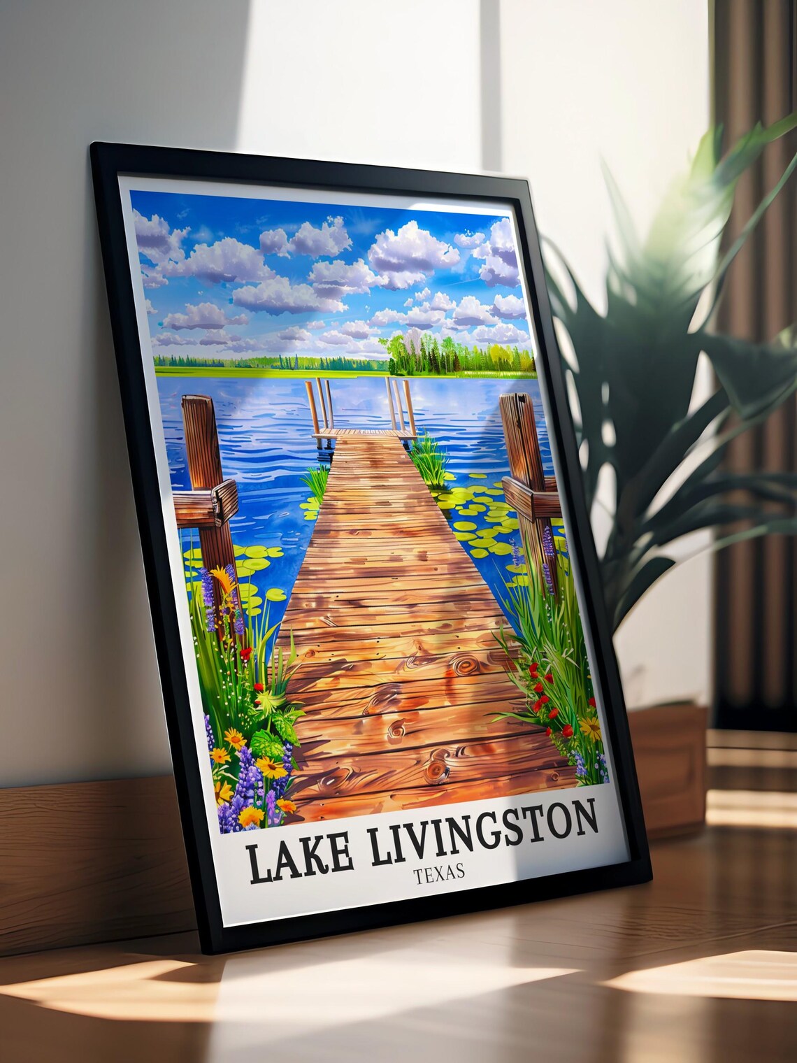 Lake Livingston Texas Wooden Dock Wildflowers Lakeside View Poster - Image 2