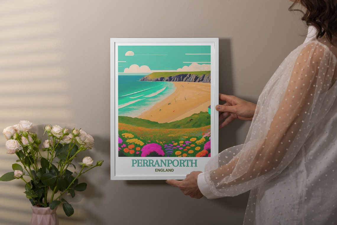 Perranporth Sandy Beach Cliffs Wildflowers Vintage Travel Poster - Image 2