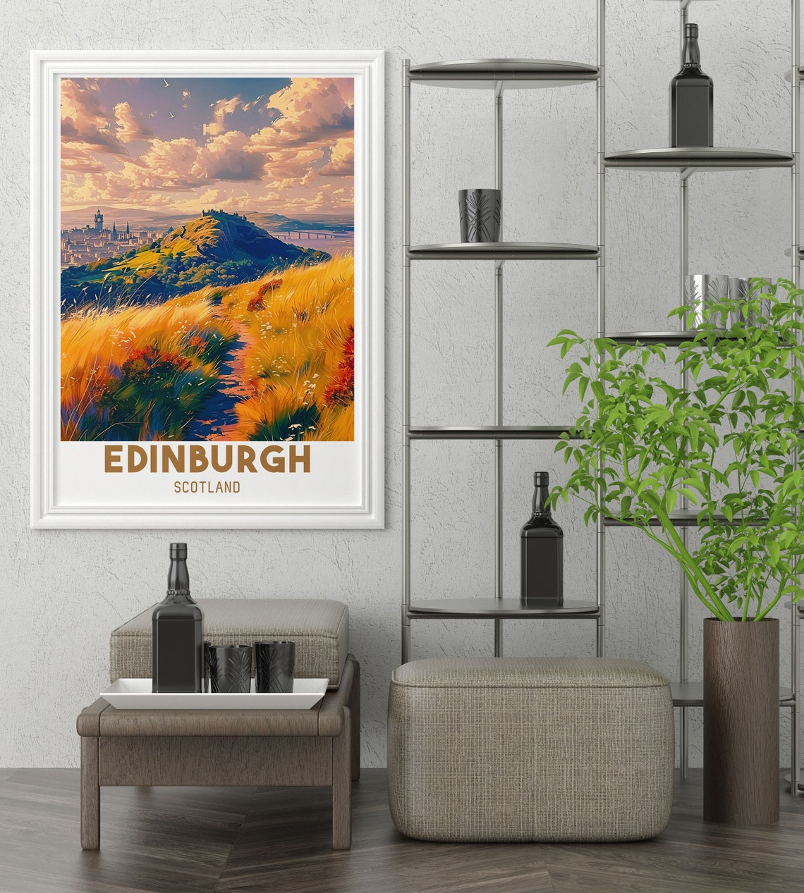 Edinburgh Scotland Golden Meadow Sunset Over City View Poster - Image 3