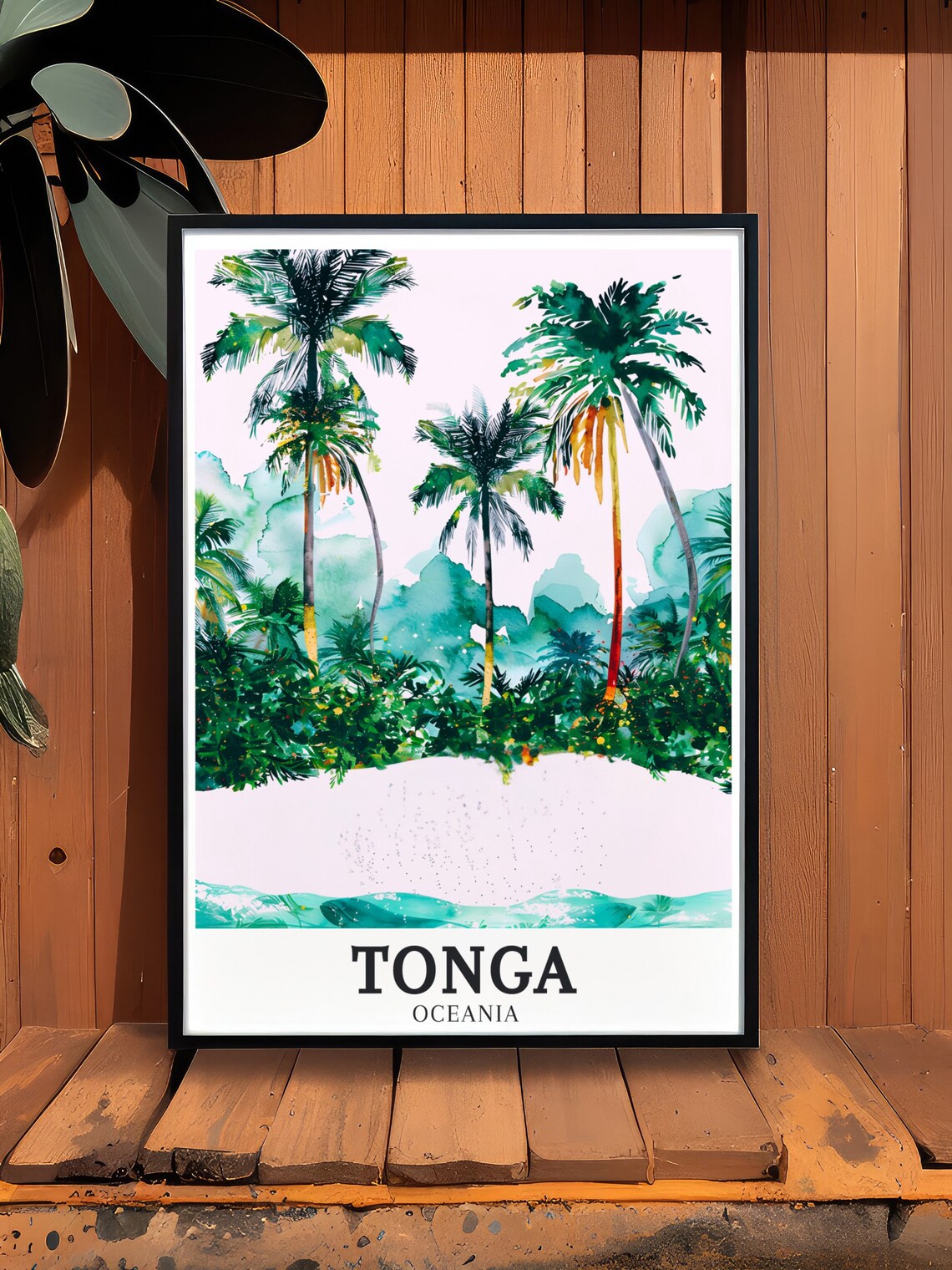 Tonga Oceania Watercolor Palm Trees Tropical Island Beach Poster - Image 3