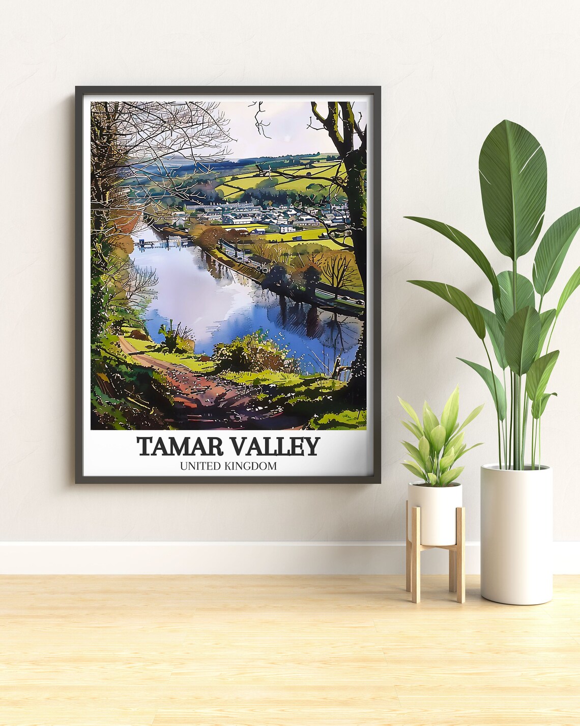 Tamar Valley England Winding River Green Hills Watercolor Poster - Image 3