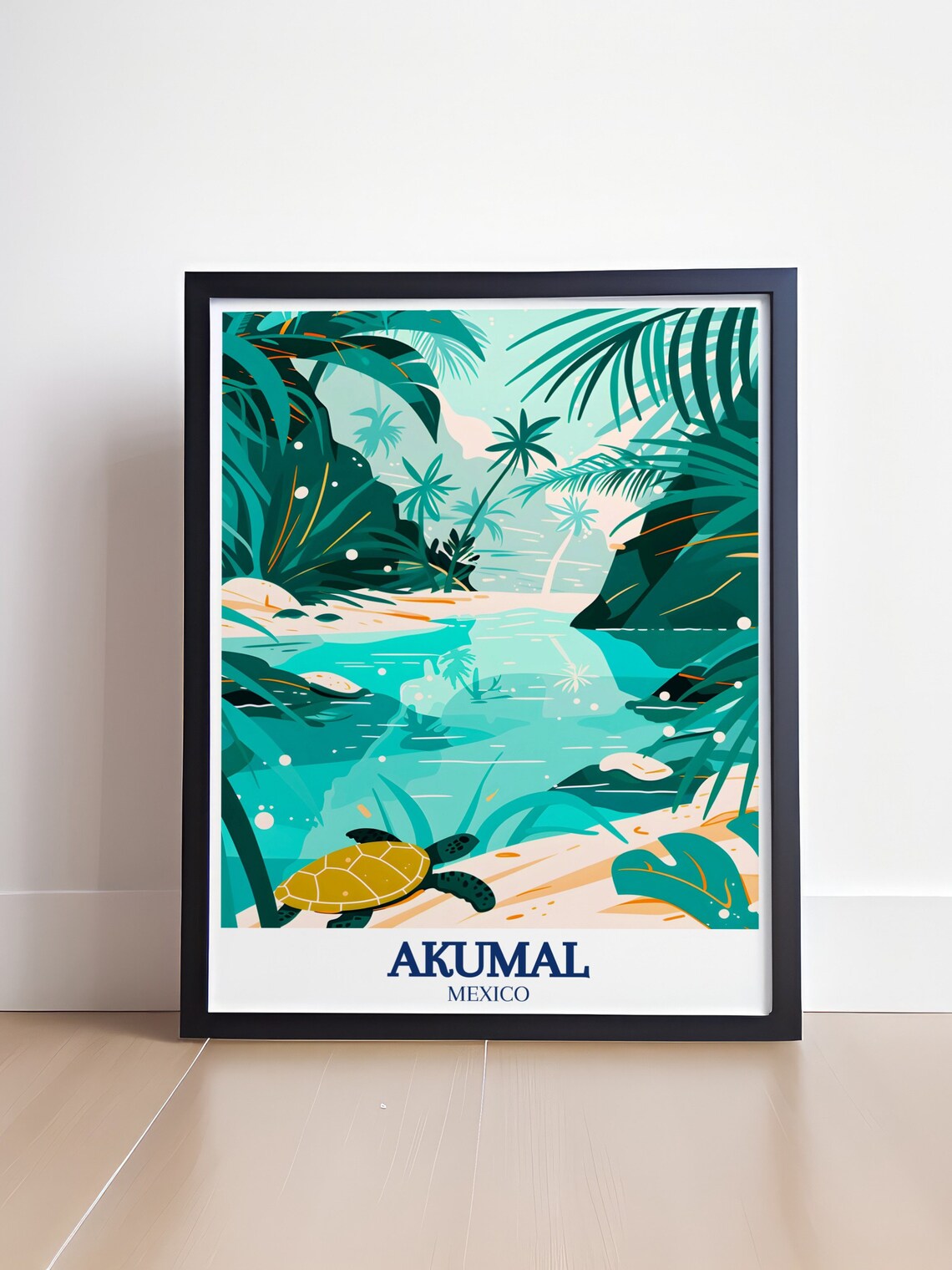 Akumal Mexico Sea Turtle in Tropical Lagoon Cove Art Travel Poster - Image 4