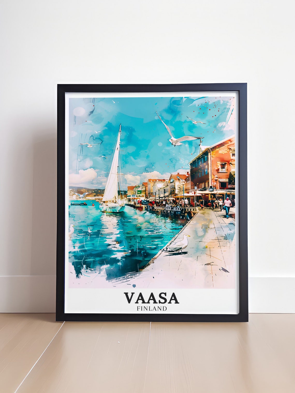 Vaasa Finland Watercolor Harbor Sailboat Seagulls Waterfront Poster - Image 4