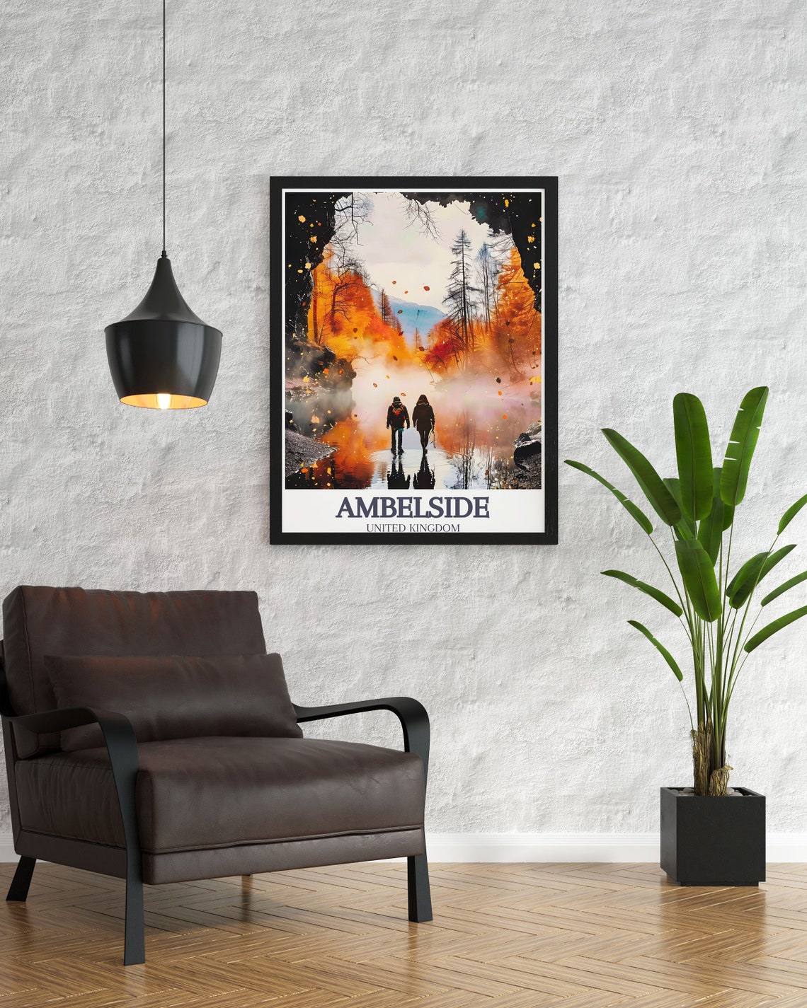 Ambleside Rydal Cave Waterfall Walkers In Autumn Mist Poster - Image 2