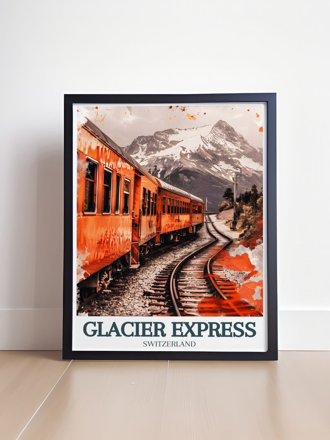 Glacier Express Red Train Through the Snowy Swiss Alps Travel Poster - Image 4