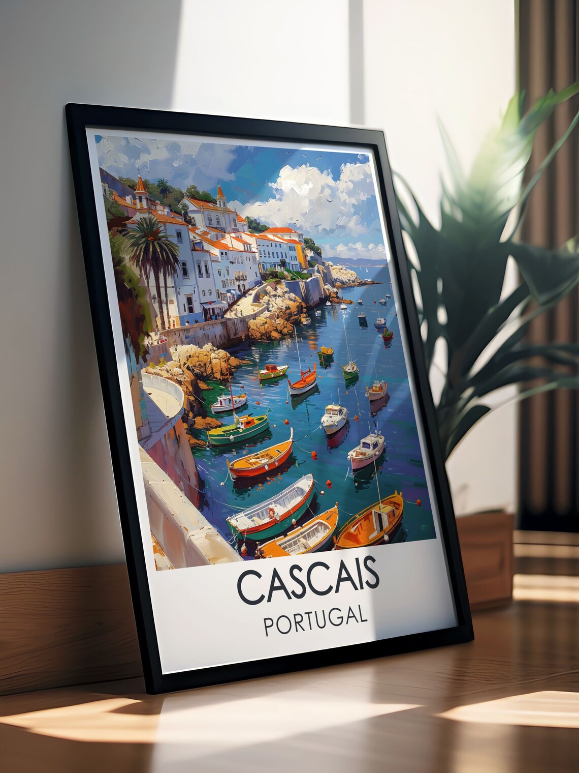 Cascais Portugal Marina Travel Poster with Colorful Fishing Boats - Image 3