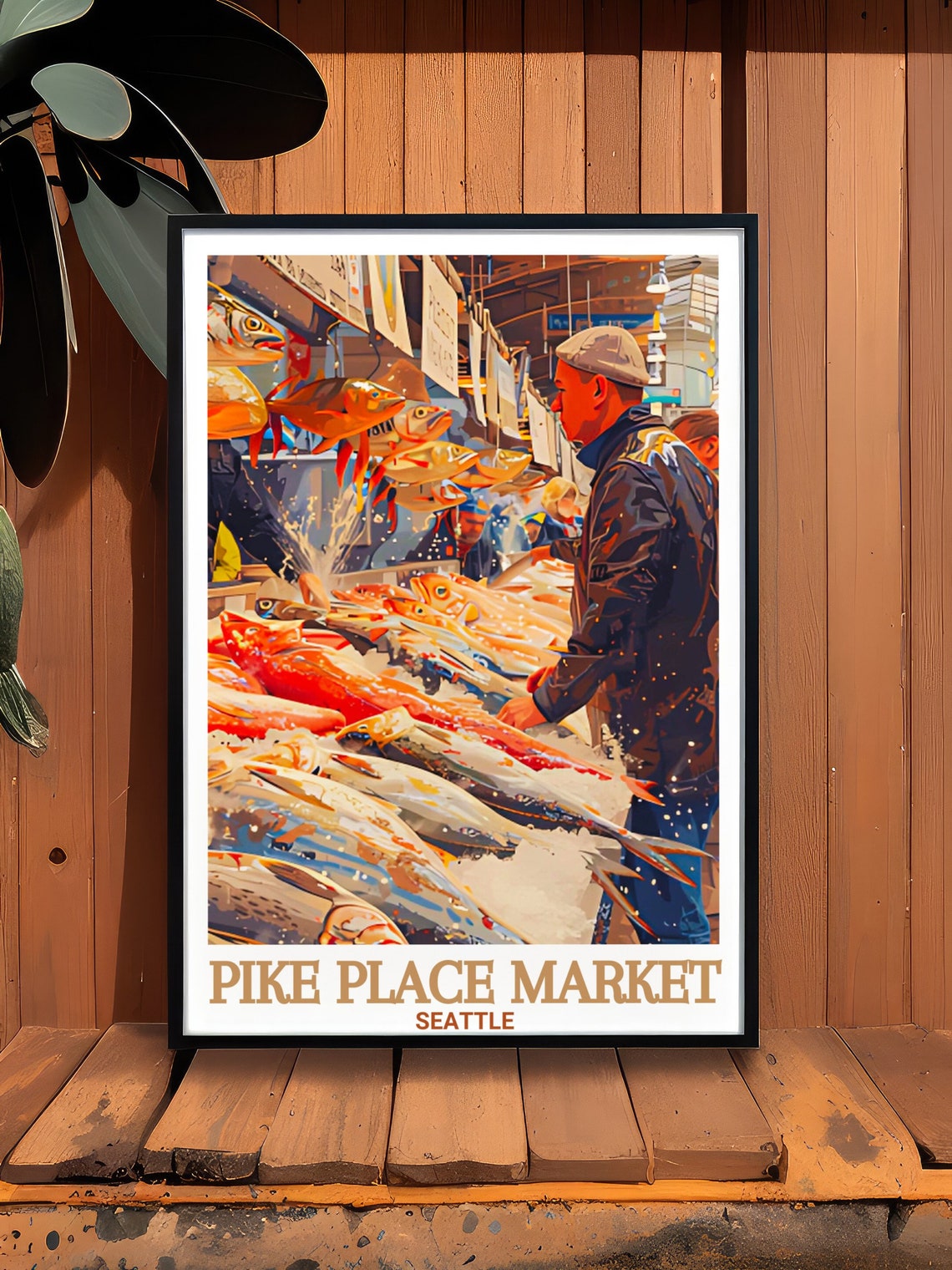 Pike Place Market Seattle Bustling Fish Stall Watercolor Poster - Image 3