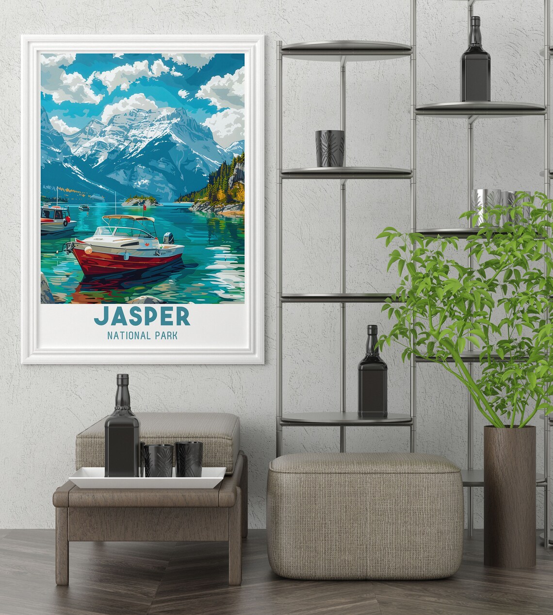 Jasper National Park Turquoise Mountain Lake Red Boats Summer Poster - Image 4
