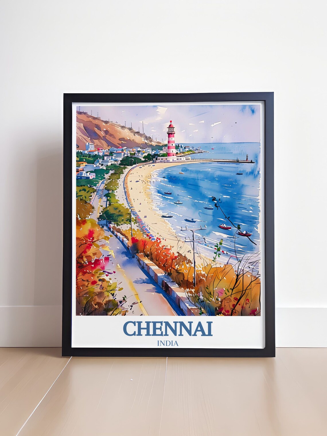Chennai Marina Beach Lighthouse Curved Bay Watercolor India Poster - Image 4