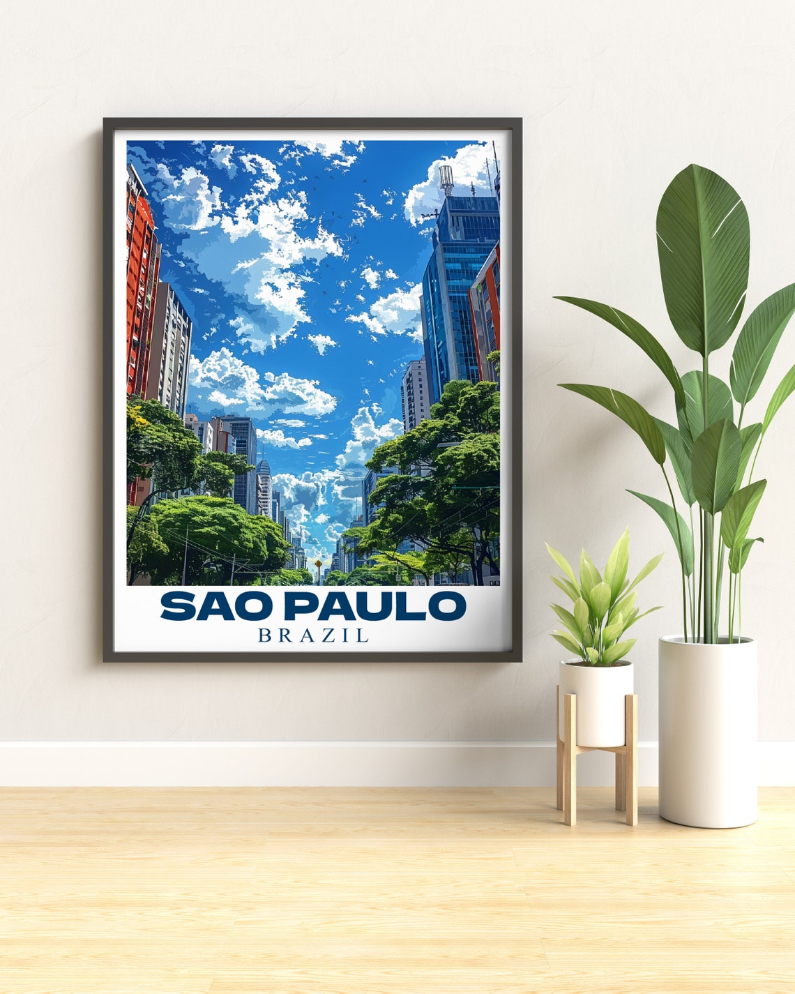 Sao Paulo Brazil Tree-Lined Avenue City Skyline Travel Poster - Image 2