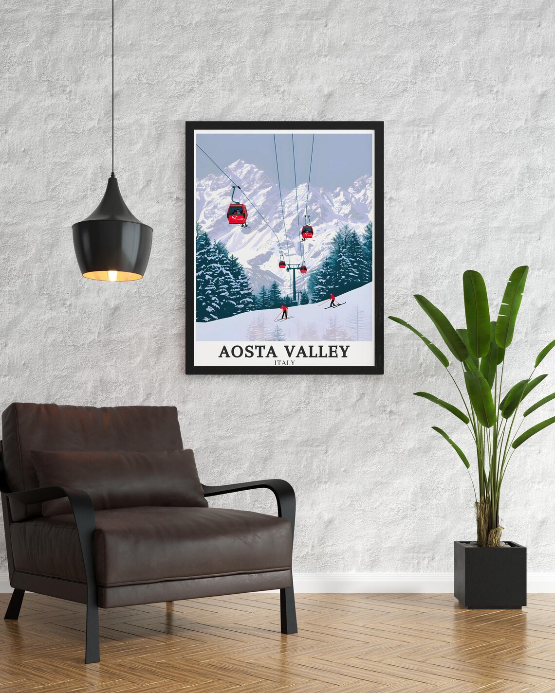 Aosta Valley Ski Resort Red Cable Cars Snowy Slopes Travel Poster - Image 3