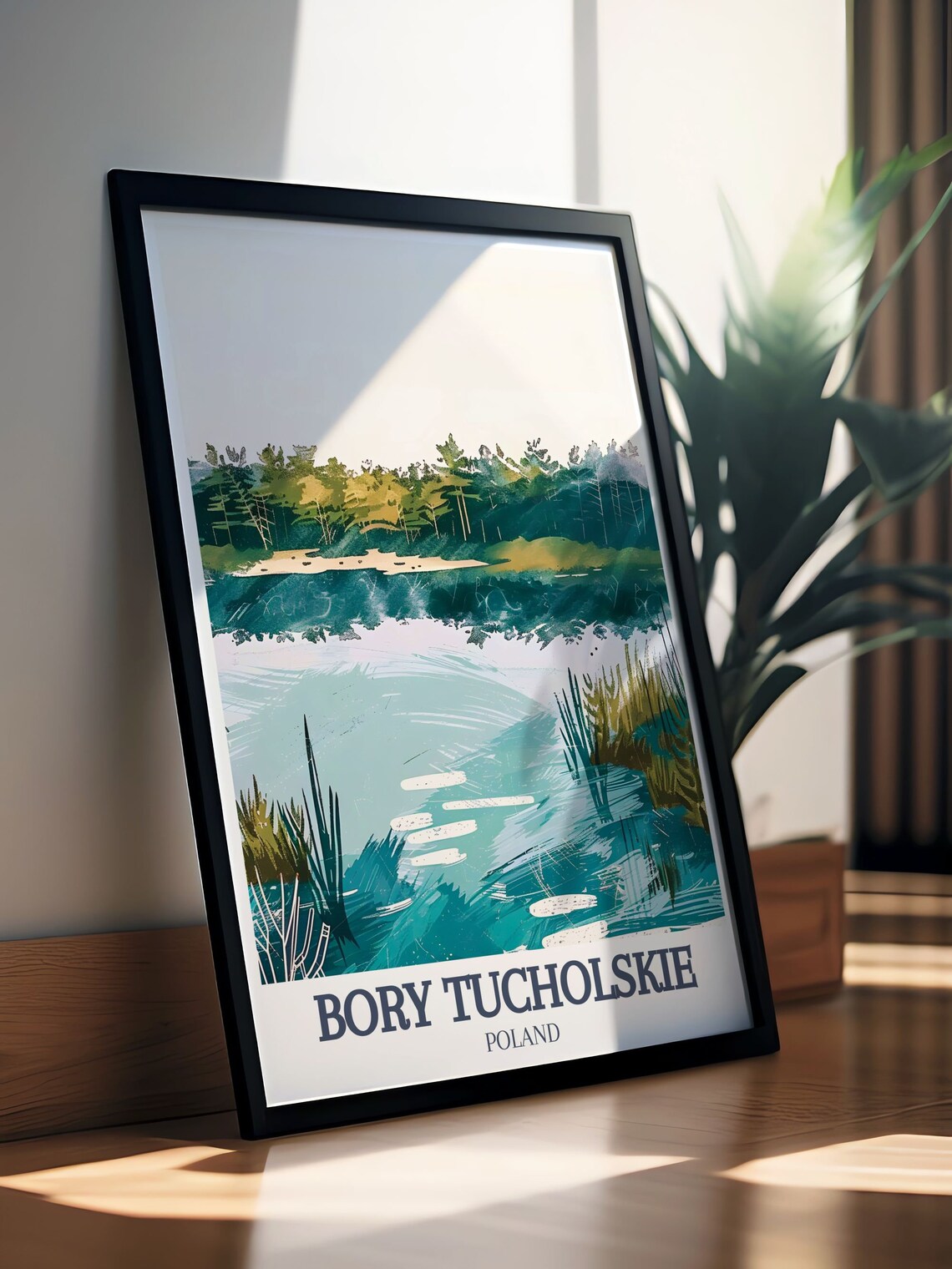 Bory Tucholskie Minimalist Teal Lake And Forest Shore Art Poster - Image 3