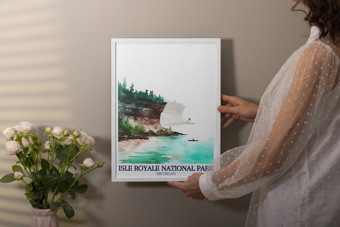 Isle Royale National Park Michigan Watercolor Lighthouse Poster - Image 2