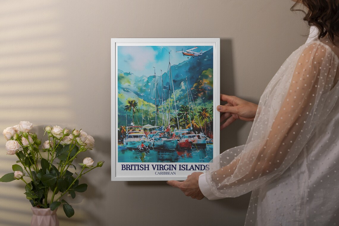 British Virgin Islands Marina Poster Sailboats Seaplane Watercolor - Image 2