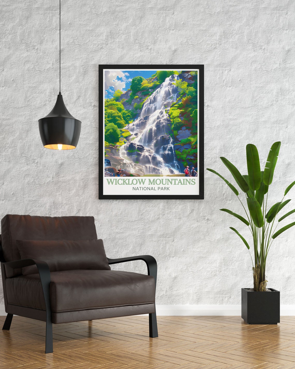 Wicklow Mountains Tall Waterfall Green Forest Hikers Ireland Poster - Image 3