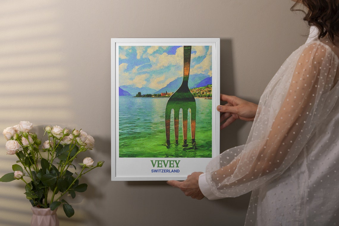Vevey Giant Fork Sculpture Rising From Lake Geneva Waves Poster - Image 3
