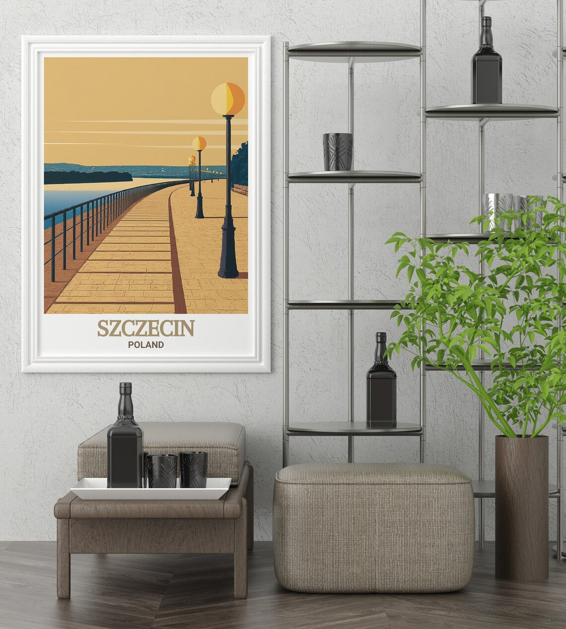 Szczecin Poland Golden Riverside Promenade At Dusk Travel Poster - Image 3