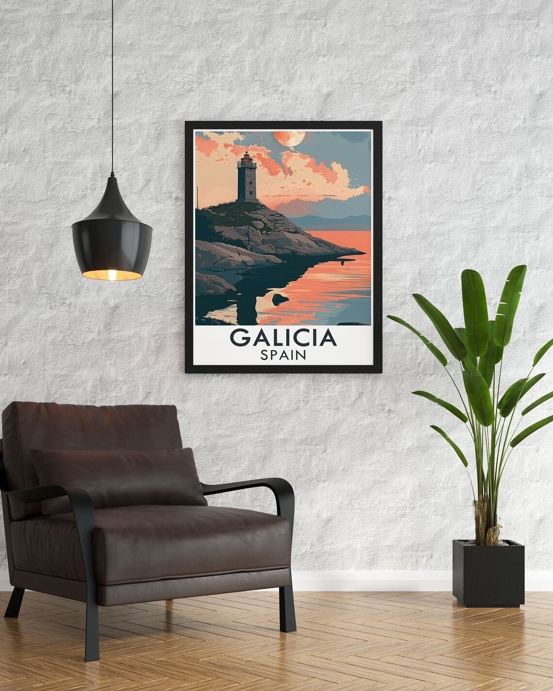 Galicia Spain Lighthouse on Rocky Point at Sunset Travel Poster - Image 2