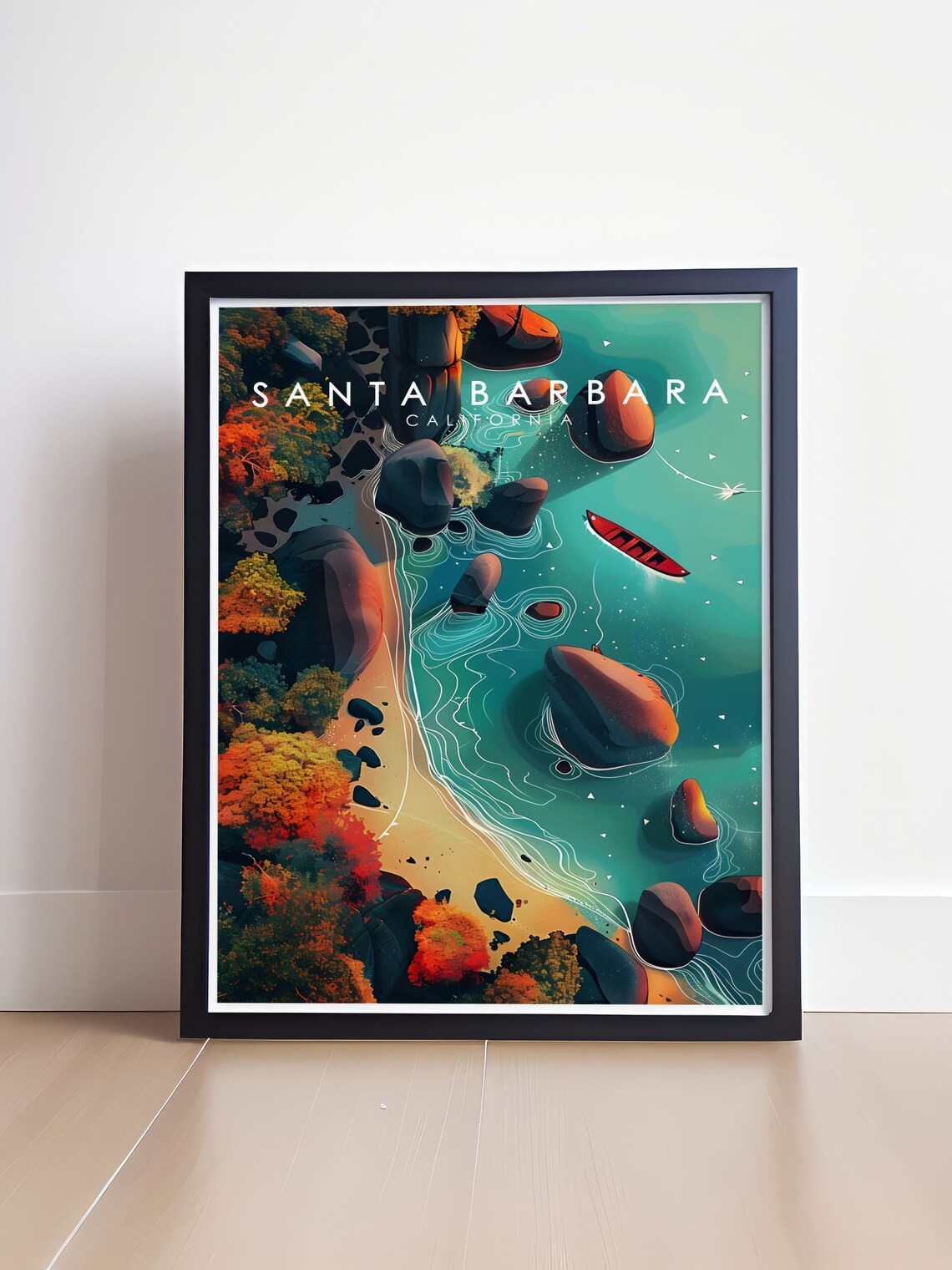 Santa Barbara California Rocky Coast Kayak Aerial Travel Poster - Image 4