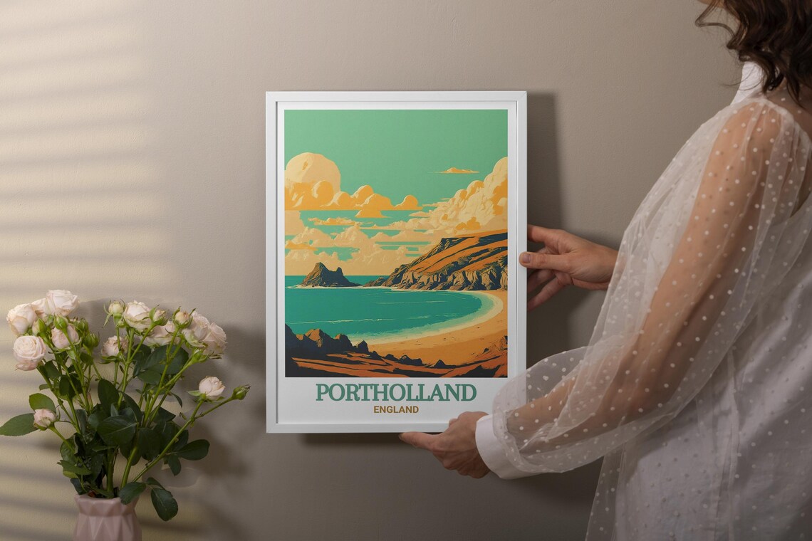 Portholland England Poster with Rocky Cove and Island Sunset - Image 2