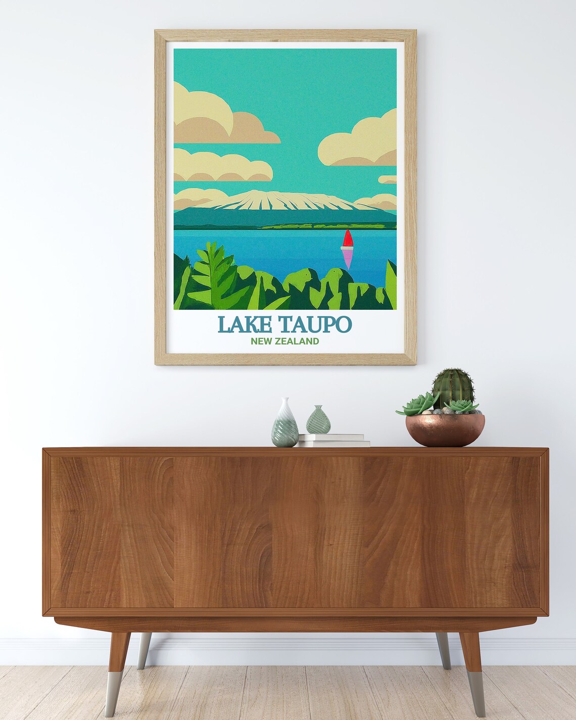 Lake Taupo New Zealand Volcano Over Lake Red Sailboat View Poster - Image 3