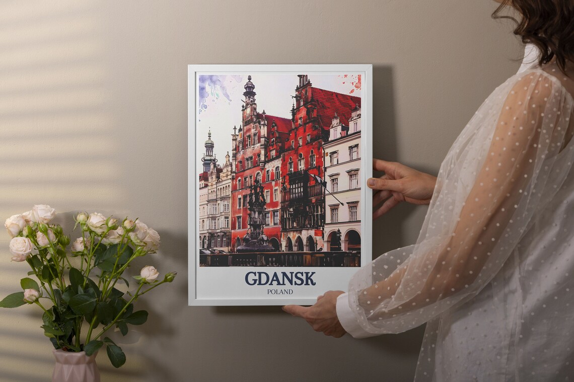 Gdansk Poland Old Town Neptune Fountain Watercolor Cityscape Poster - Image 3
