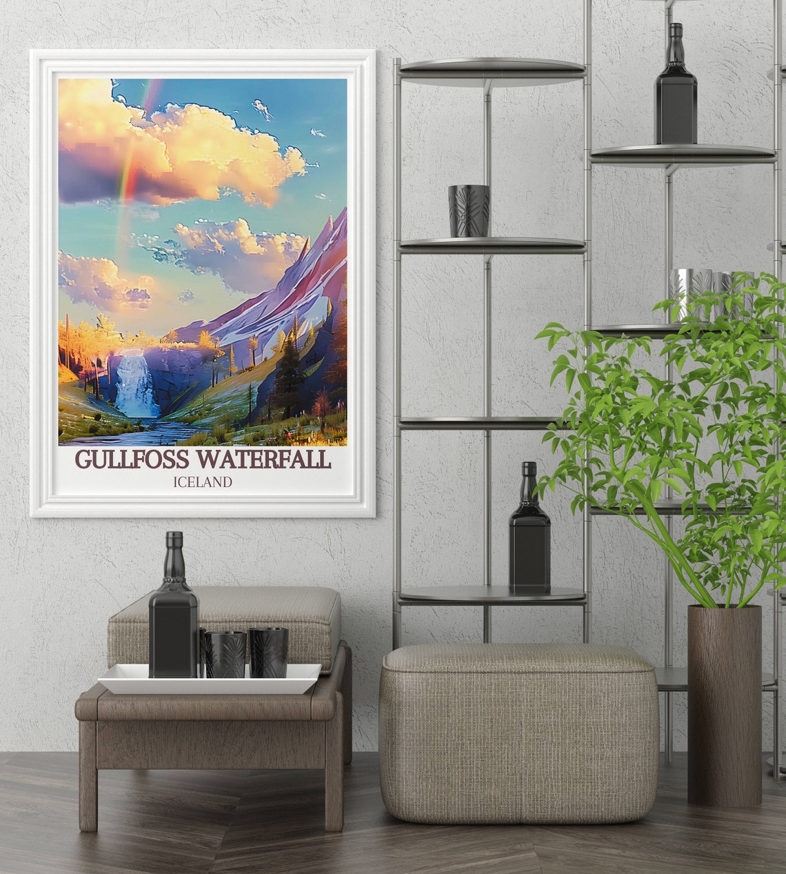 Gullfoss Waterfall Iceland Rainbow Over Green Mountain Valley Poster - Image 2