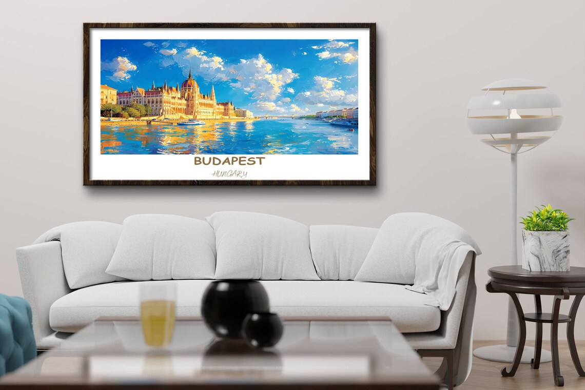 Budapest Hungary Parliament Danube Riverfront Golden Sky Travel Poster - Image 2