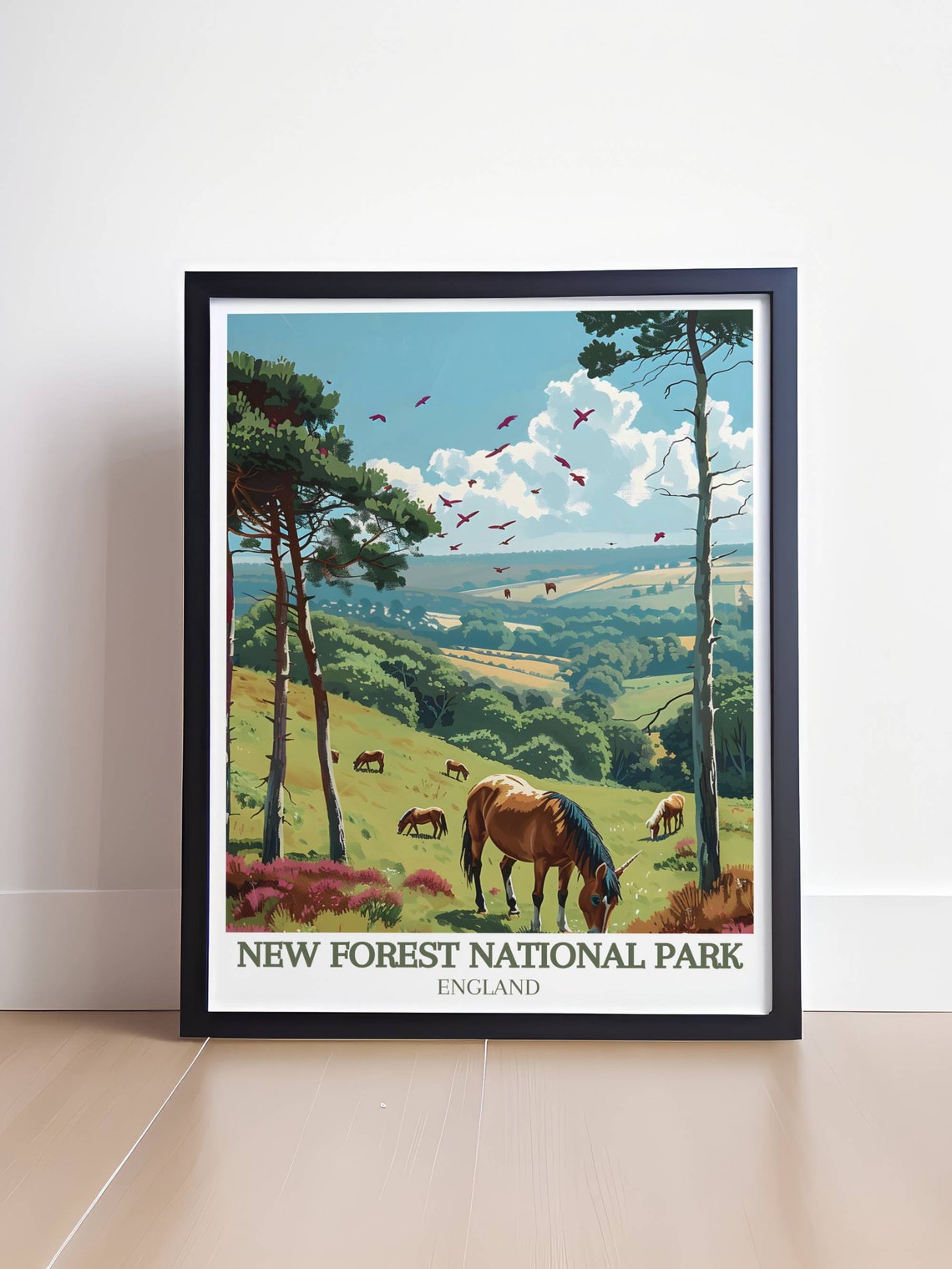 New Forest National Park Grazing Ponies on Sunny Heathland Poster - Image 4