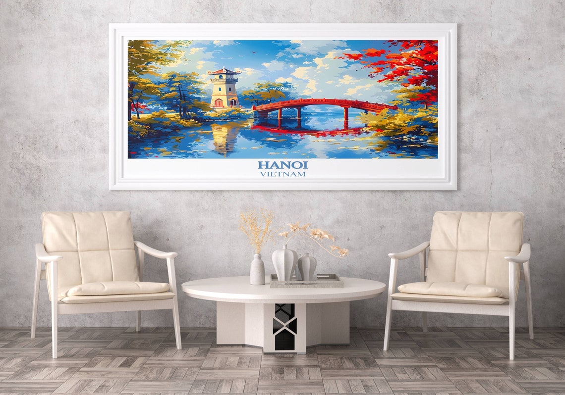 Hanoi Vietnam Red Bridge Turtle Tower Autumn Lake Scene Poster - Image 3