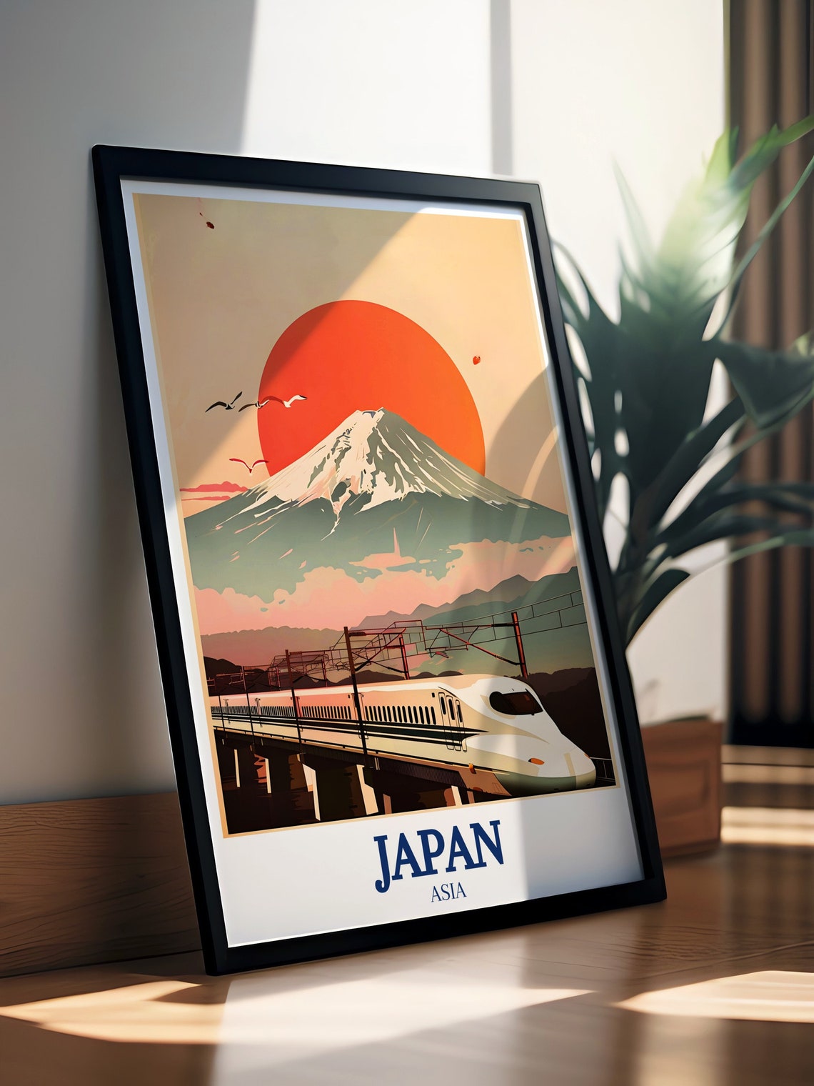 Japan Mount Fuji Red Sun Bullet Train On Bridge Travel Poster - Image 2