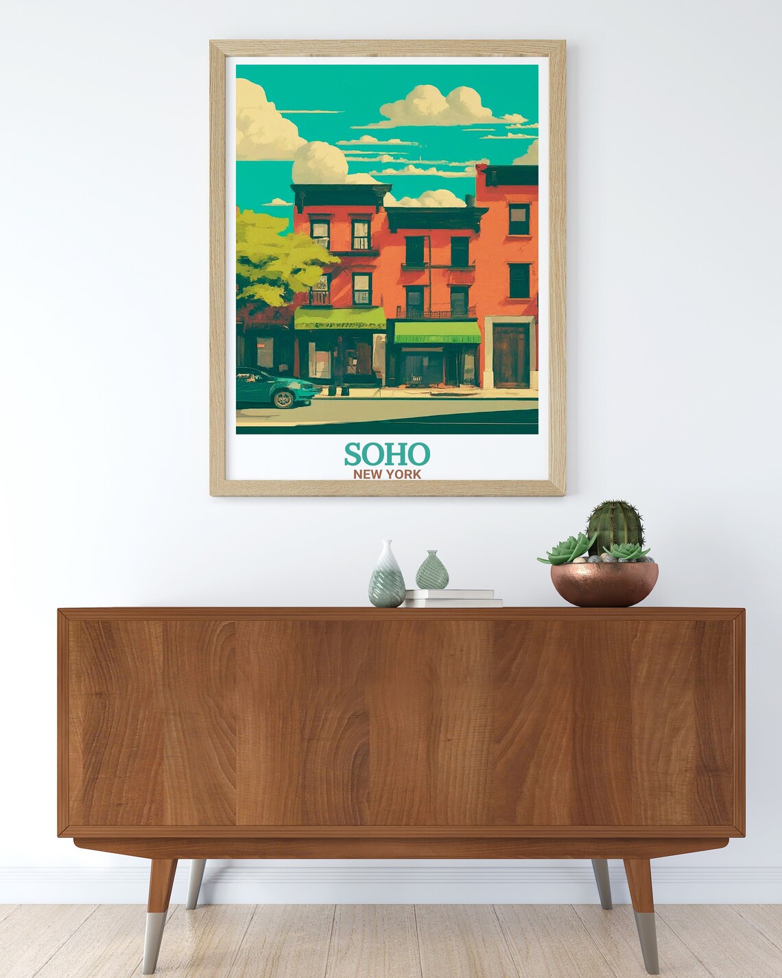 Soho New York Green Street Brick Facade Retro Teal Sky Poster - Image 2