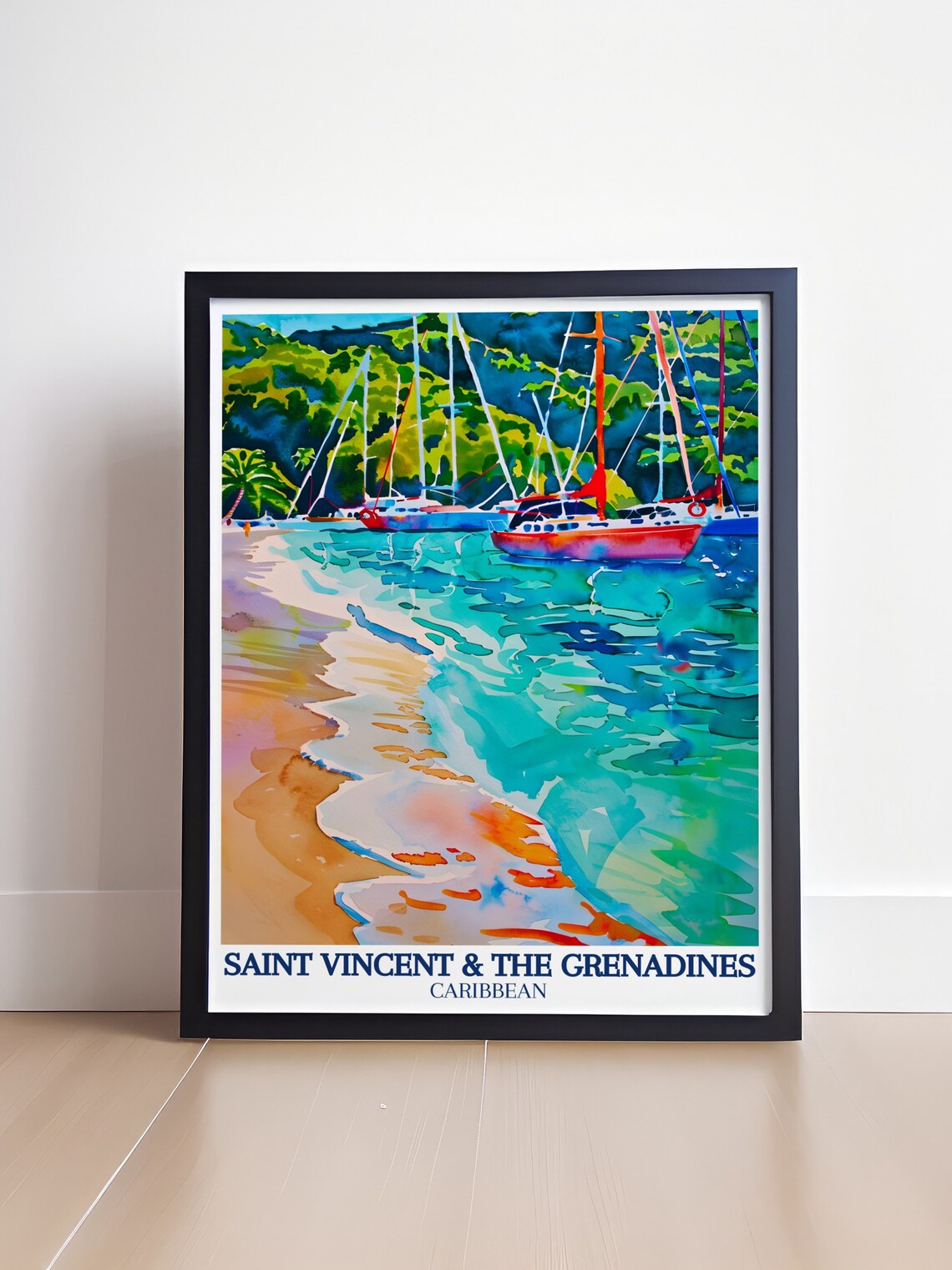 Saint Vincent and Grenadines Sailboats in Bay Watercolor Poster - Image 4