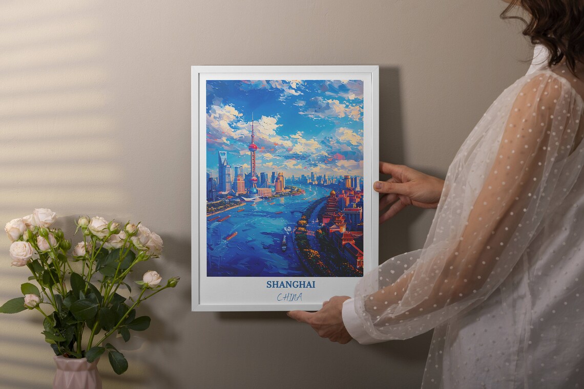 Shanghai China Huangpu River Bend Boats Skyline Dusk Travel Poster - Image 4