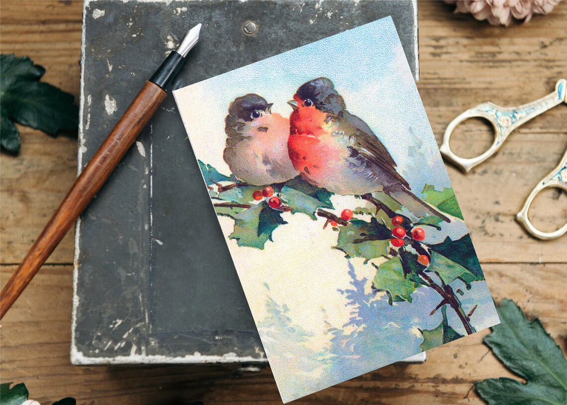 Vintage Christmas Card Art Robin Birds Holly Branch Winter Poster