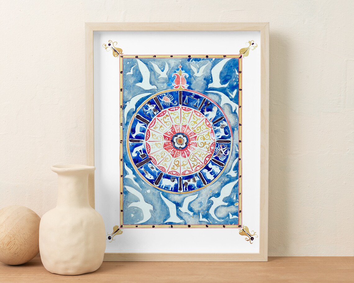 Blue Zodiac Wheel Astrology Watercolor Celestial Mandala Art Print - Image 3