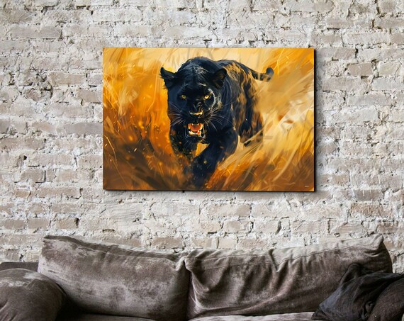 Lunging Black Panther in Golden Light Bold Wildlife Art Poster