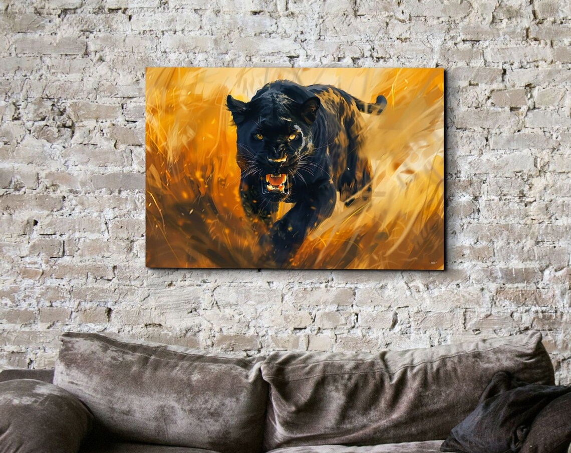 Lunging Black Panther in Golden Light Bold Wildlife Art Poster