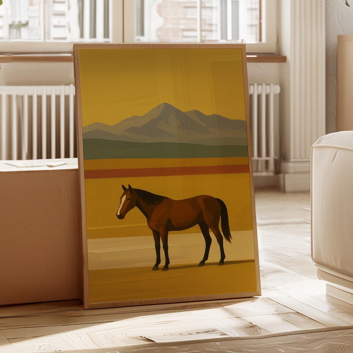 Western Horse Minimalist Mustard Desert Stripe Landscape Poster