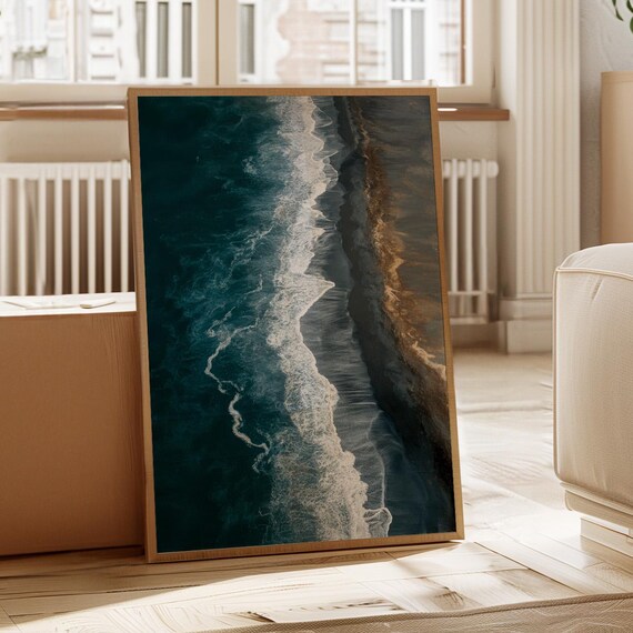 Aerial Ocean Waves Dark Sand Beach Moody Teal Coastal Art Poster