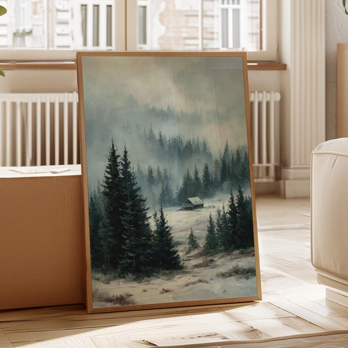 Snowy Cabin In Misty Pine Forest Winter Wonderland Moody Landscape Poster