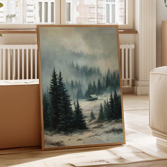 Snowy Cabin In Misty Pine Forest