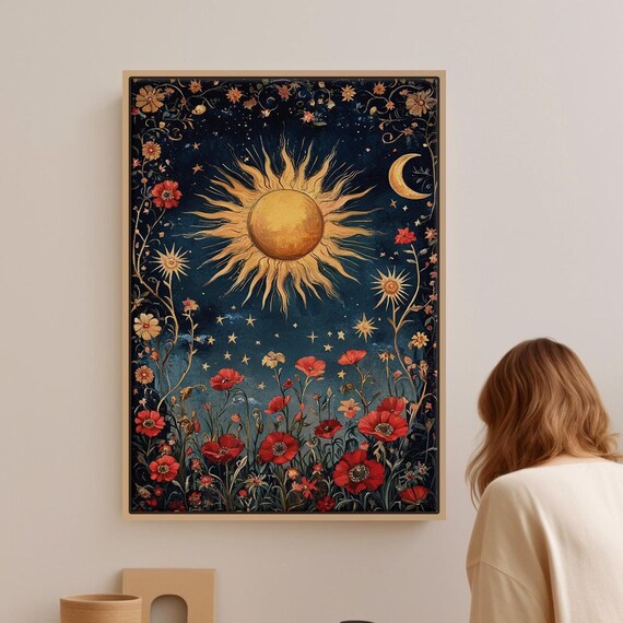 Celestial Sun And Moon With Red Florals On Starry Night Poster