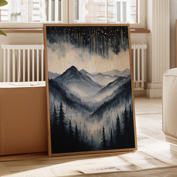 Mystical Mountain Forest Canvas Wall Art Black Pine Trees Gold Stars Moody Misty Landscape Painting For Natureinspired Decor