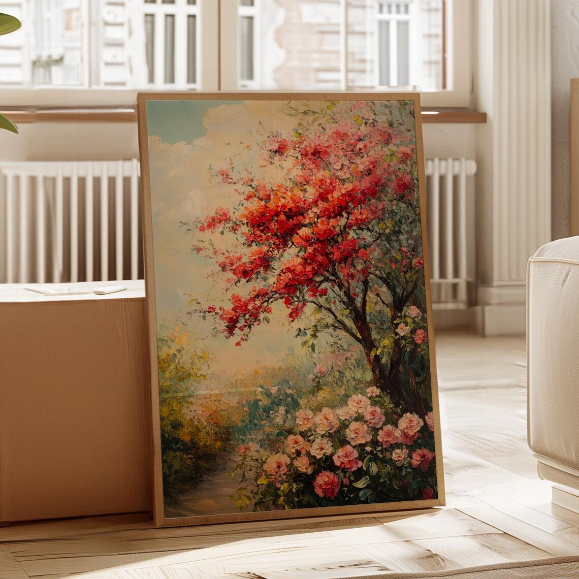 Red Blossom Tree With Pink Roses Impressionist Garden Scene Poster