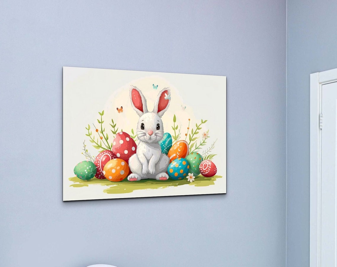 Cute White Easter Bunny Watercolor Decorated Eggs Spring Poster