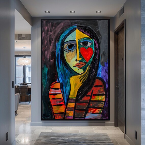 Cubist Woman Portrait With Red Heart Bold Modern Abstract Poster